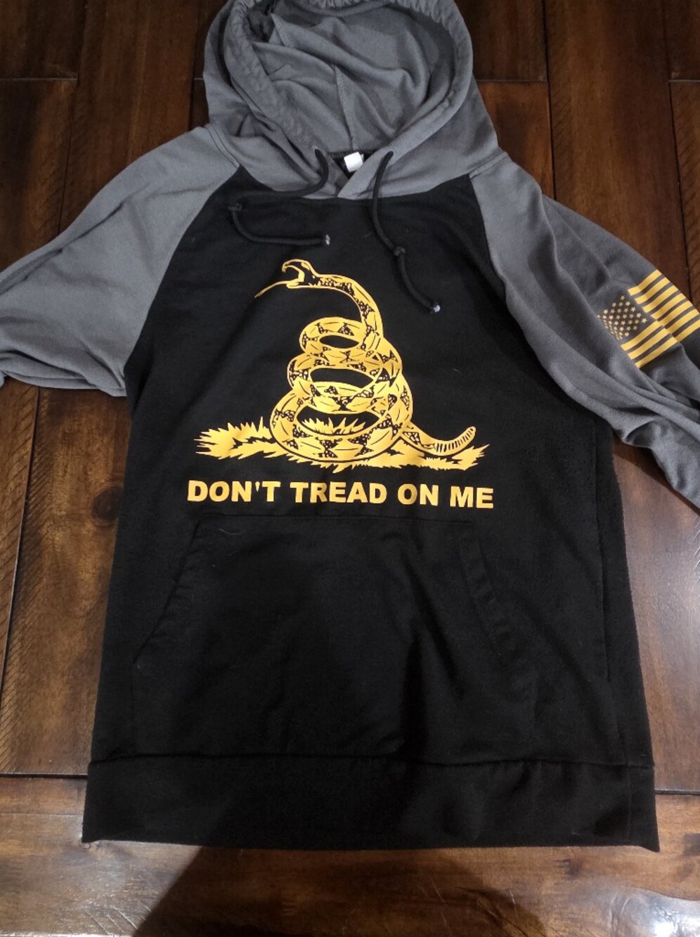 "Don't Tread On Me" Hoodie - Black with Yellow Graphic with american flag sleeve